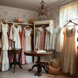 A vintage thrift shop scene filled with an array of beautiful lace dresses, Victorian style outfits, and coquette pastel-colored vintage tops and lace skirts