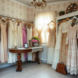 A vintage thrift shop scene filled with an array of beautiful lace dresses, Victorian style outfits, and coquette pastel-colored vintage tops and lace skirts