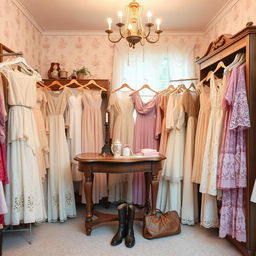 A vintage thrift shop scene filled with an array of beautiful lace dresses, Victorian style outfits, and coquette pastel-colored vintage tops and lace skirts