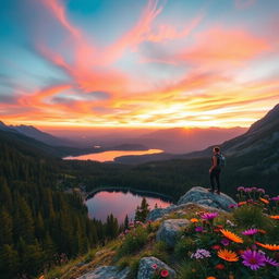 A breathtaking view of a serene mountain landscape during sunset, with vibrant orange and pink hues filling the sky