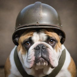 A ferocious bulldog wearing a World War II helmet, with a deep sense of intensity in its eyes.