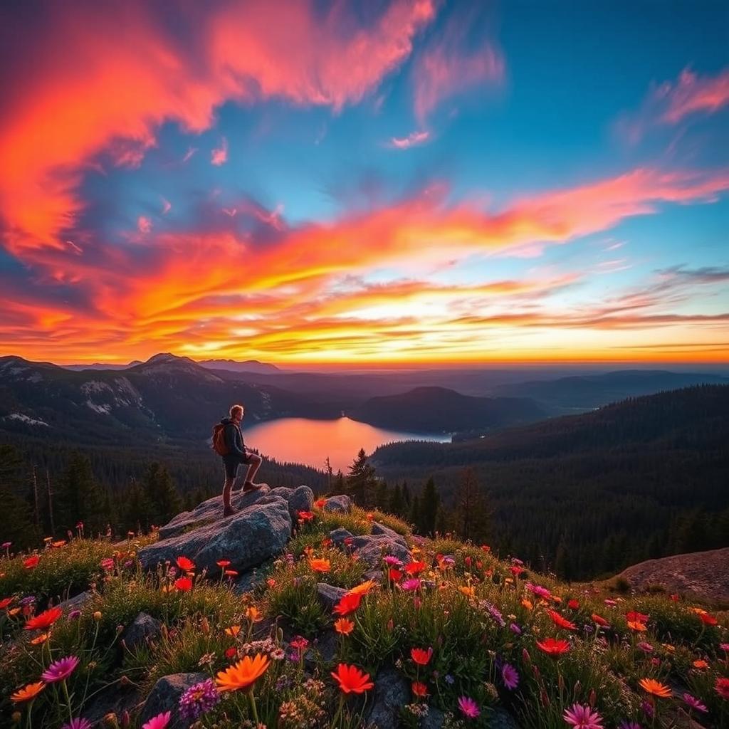 A breathtaking view of a serene mountain landscape during sunset, with vibrant orange and pink hues filling the sky