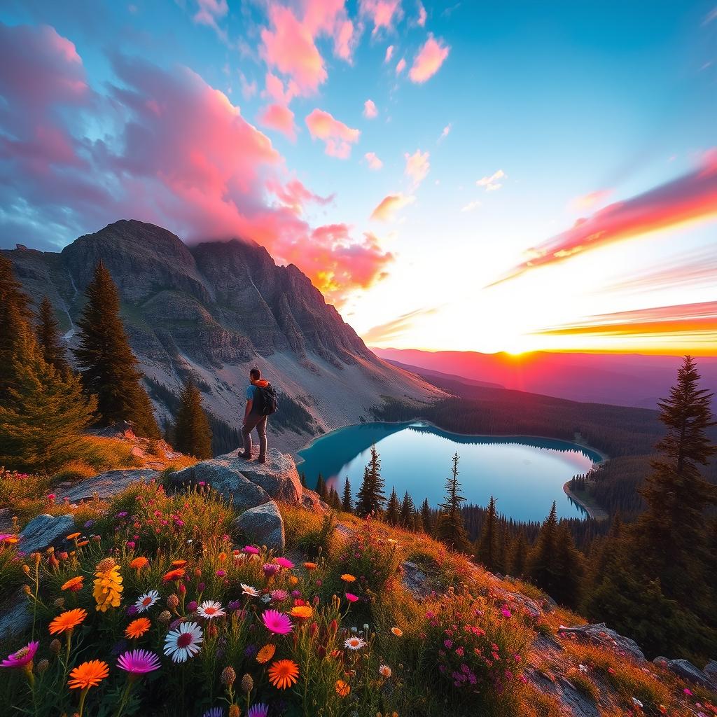 A breathtaking view of a serene mountain landscape during sunset, with vibrant orange and pink hues filling the sky