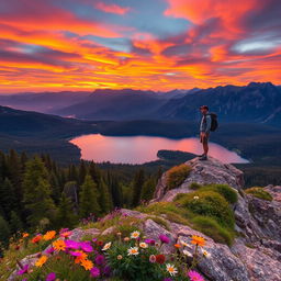 A breathtaking view of a serene mountain landscape during sunset, with vibrant orange and pink hues filling the sky