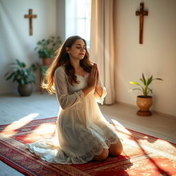 A serene scene depicting a 30-year-old woman in a peaceful prayer pose, set in a softly lit room