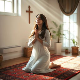 A serene scene depicting a 30-year-old woman in a peaceful prayer pose, set in a softly lit room