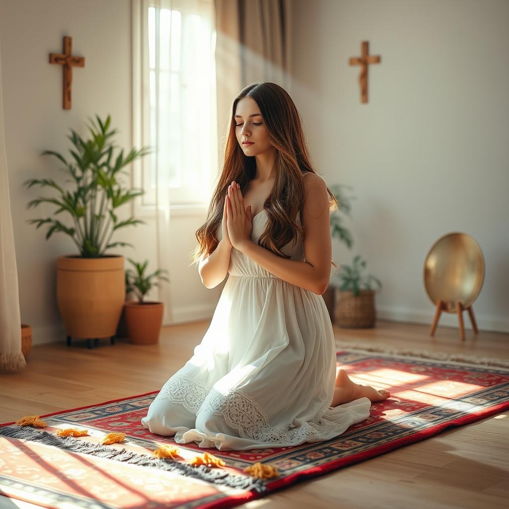 A serene scene depicting a 30-year-old woman in a peaceful prayer pose, set in a softly lit room