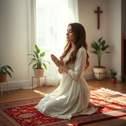 A serene scene depicting a 30-year-old woman in a peaceful prayer pose, set in a softly lit room