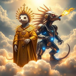 A captivating scene featuring a 'Holy Echidna D&D character' clad in elegant golden robes, intricately designed with celestial symbols and embellishments, standing confidently on glowing clouds