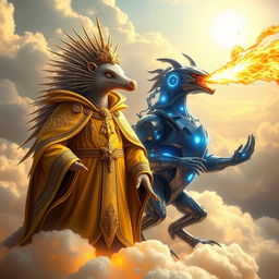 A captivating scene featuring a 'Holy Echidna D&D character' clad in elegant golden robes, intricately designed with celestial symbols and embellishments, standing confidently on glowing clouds