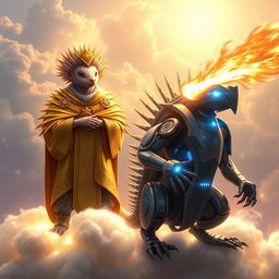 A captivating scene featuring a 'Holy Echidna D&D character' clad in elegant golden robes, intricately designed with celestial symbols and embellishments, standing confidently on glowing clouds