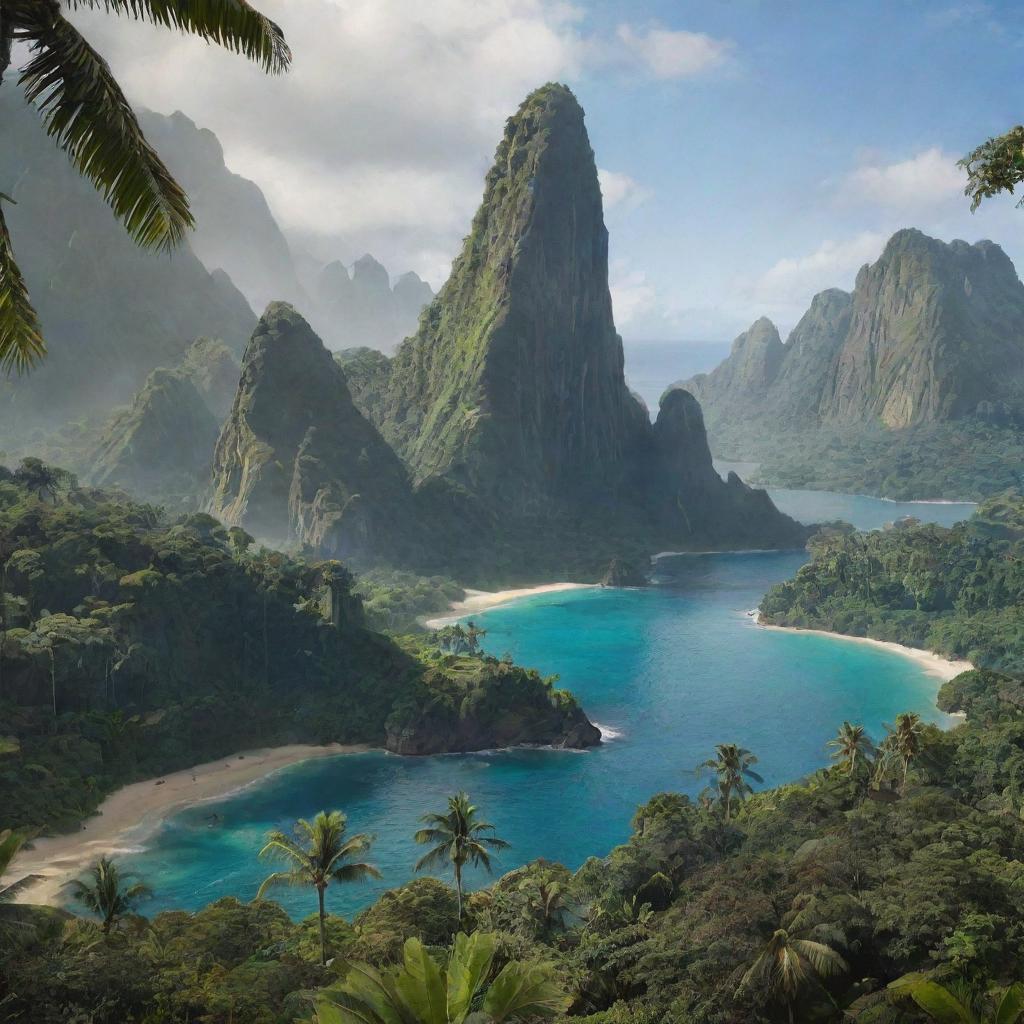 A breathtaking landscape view of Isla Nublar, featuring its lush vegetation, soaring mountains, and picturesque shores against the backdrop of Jurassic Park's iconic gates.