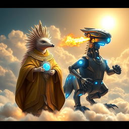 A captivating scene featuring a 'Holy Echidna D&D character' clad in elegant golden robes, intricately designed with celestial symbols and embellishments, standing confidently on glowing clouds