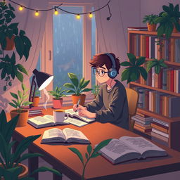 A cozy lofi study scene, with a warm and inviting atmosphere