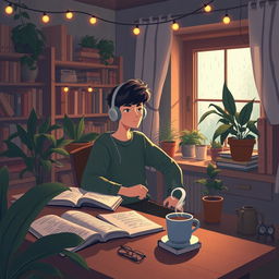 A cozy lofi study scene, with a warm and inviting atmosphere