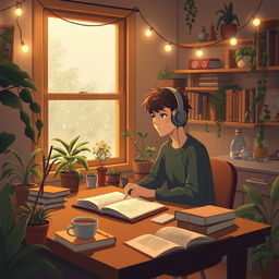 A cozy lofi study scene, with a warm and inviting atmosphere