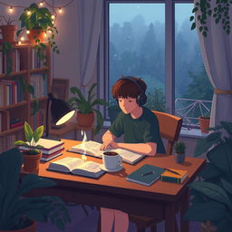 A cozy lofi study scene, with a warm and inviting atmosphere