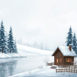 An artistic representation of a serene winter landscape with snow-covered ground and tall evergreen trees, soft snowflakes gently falling from a grey sky