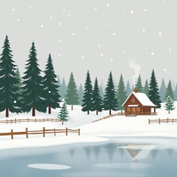 An artistic representation of a serene winter landscape with snow-covered ground and tall evergreen trees, soft snowflakes gently falling from a grey sky