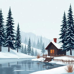 An artistic representation of a serene winter landscape with snow-covered ground and tall evergreen trees, soft snowflakes gently falling from a grey sky