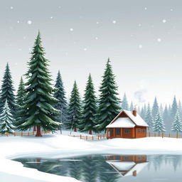 An artistic representation of a serene winter landscape with snow-covered ground and tall evergreen trees, soft snowflakes gently falling from a grey sky