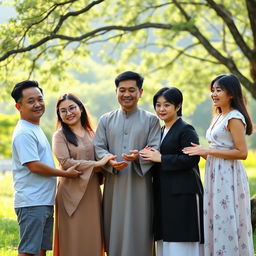 A heartwarming scene of five 30-year-old Asian individuals gathered together in a serene setting, engaging in a prayer