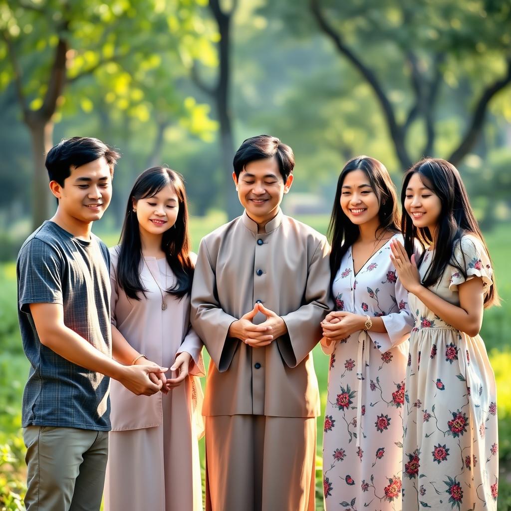 A heartwarming scene of five 30-year-old Asian individuals gathered together in a serene setting, engaging in a prayer