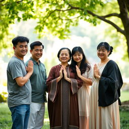 A heartwarming scene of five 30-year-old Asian individuals gathered together in a serene setting, engaging in a prayer