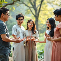 A heartwarming scene of five 30-year-old Asian individuals gathered together in a serene setting, engaging in a prayer