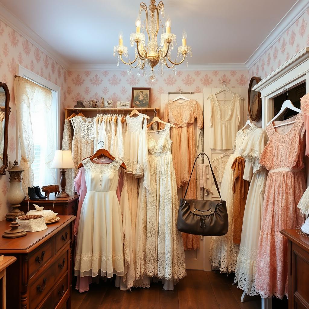 A charming vintage thrift store filled with an array of lace dresses, Victorian-style clothing, vintage tops, and blouses