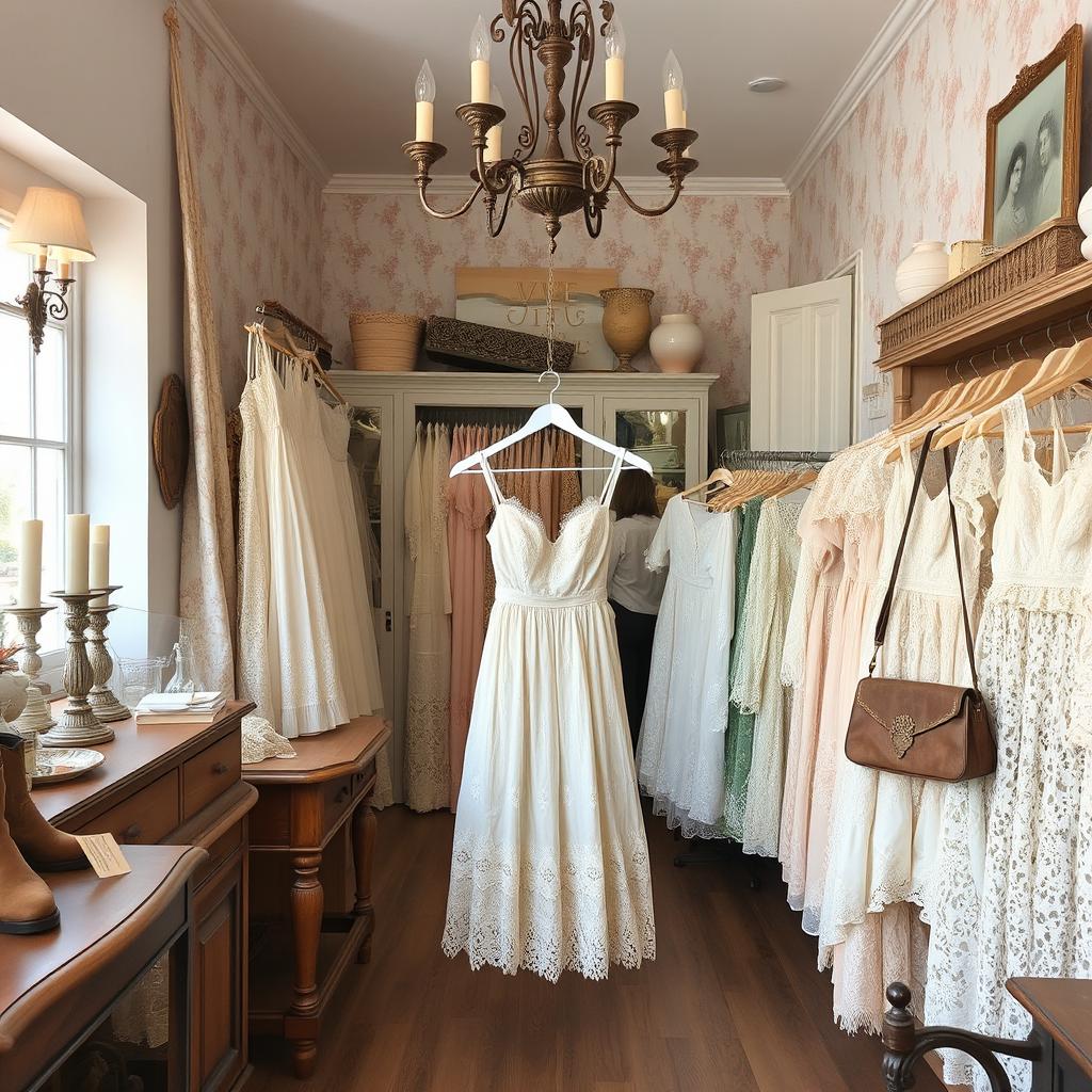 A charming vintage thrift store filled with an array of lace dresses, Victorian-style clothing, vintage tops, and blouses