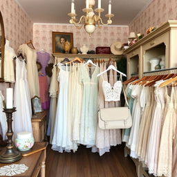 A charming vintage thrift store filled with an array of lace dresses, Victorian-style clothing, vintage tops, and blouses