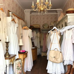 A charming vintage thrift store filled with an array of lace dresses, Victorian-style clothing, vintage tops, and blouses