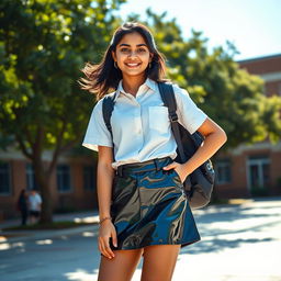 A teenage girl of Indian descent, confidently posing in a stylish school uniform under vibrant sunlight