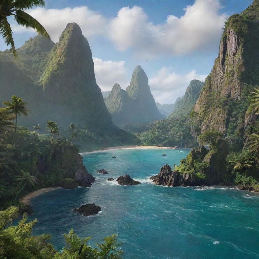 A breathtaking landscape view of Isla Nublar, featuring its lush vegetation, soaring mountains, and picturesque shores against the backdrop of Jurassic Park's iconic gates.