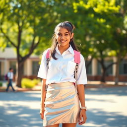 A teenage girl of Indian descent, confidently posing in a stylish school uniform under vibrant sunlight