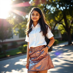 A teenage girl of Indian descent, confidently posing in a stylish school uniform under vibrant sunlight