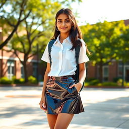 A teenage girl of Indian descent, confidently posing in a stylish school uniform under vibrant sunlight