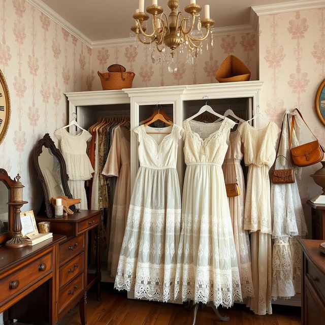 A vintage thrift store interior filled with exquisite Victorian lace dresses and tops in pastel colors, showcasing a beautiful lace skirt that embodies the coquette style