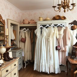 A vintage thrift store interior filled with exquisite Victorian lace dresses and tops in pastel colors, showcasing a beautiful lace skirt that embodies the coquette style