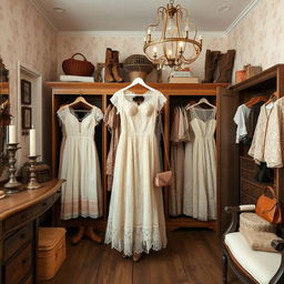 A vintage thrift store interior filled with exquisite Victorian lace dresses and tops in pastel colors, showcasing a beautiful lace skirt that embodies the coquette style