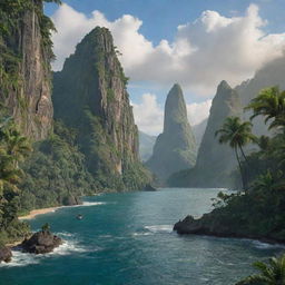 A breathtaking landscape view of Isla Nublar, featuring its lush vegetation, soaring mountains, and picturesque shores against the backdrop of Jurassic Park's iconic gates.