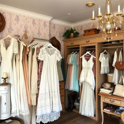 A vintage thrift store interior filled with exquisite Victorian lace dresses and tops in pastel colors, showcasing a beautiful lace skirt that embodies the coquette style