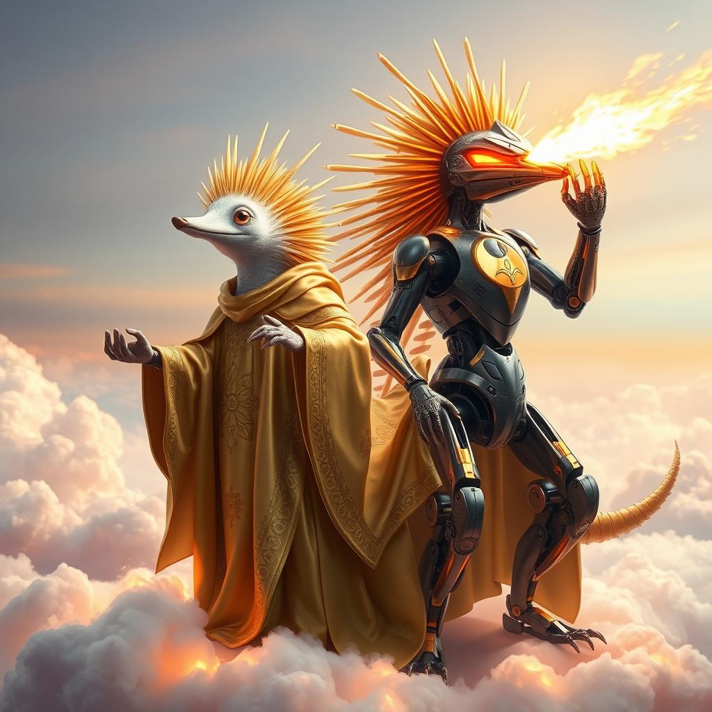 A captivating scene featuring a 'Holy Echidna D&D character' dressed in flowing golden robes adorned with intricate celestial patterns