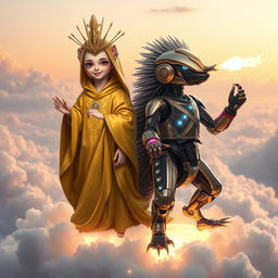 A captivating scene featuring a 'Holy Echidna D&D character' dressed in flowing golden robes adorned with intricate celestial patterns