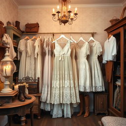 A realistic image of a vintage thrift store interior showcasing a variety of exquisite Victorian lace dresses and vintage blouses