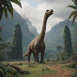 Add to the previous scene a gentle giant Brachiosaurus, making its majestic appearance amidst the lush terrain of Isla Nublar, with Jurassic Park's gates in the background.