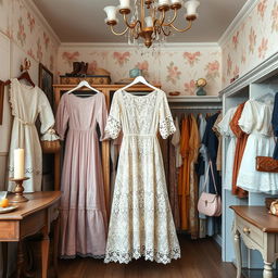 A realistic image of a vintage thrift store interior showcasing a variety of exquisite Victorian lace dresses and vintage blouses