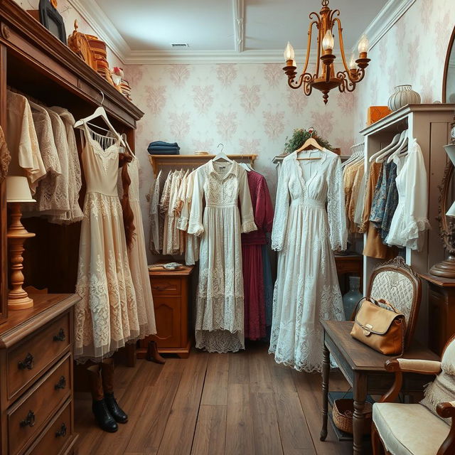 A realistic image of a vintage thrift store interior showcasing a variety of exquisite Victorian lace dresses and vintage blouses