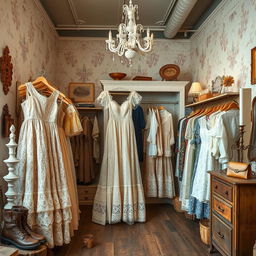 A realistic image of a vintage thrift store interior showcasing a variety of exquisite Victorian lace dresses and vintage blouses